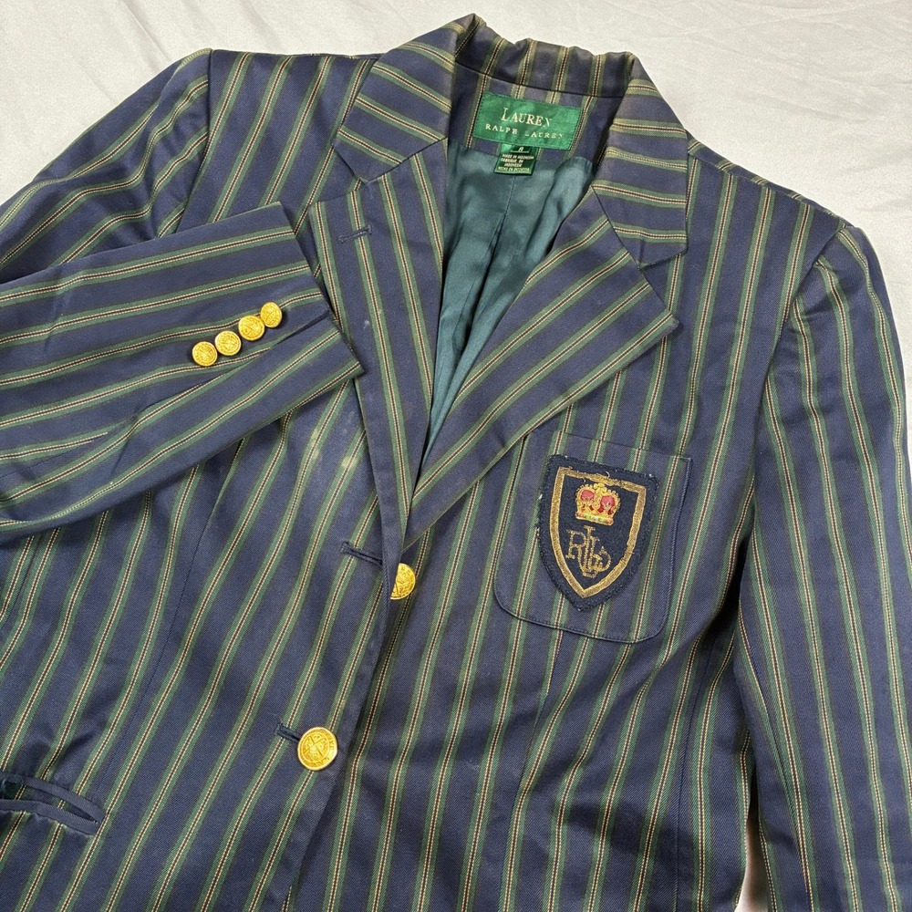 Lauren Ralph Lauren Cotton Blazer 8 Navy Blue Striped Crest Logo Gold Button